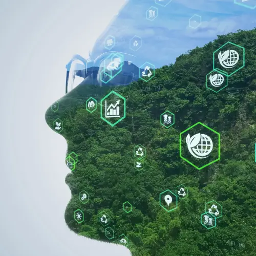 ESG Compliance services icons printed over an image of trees